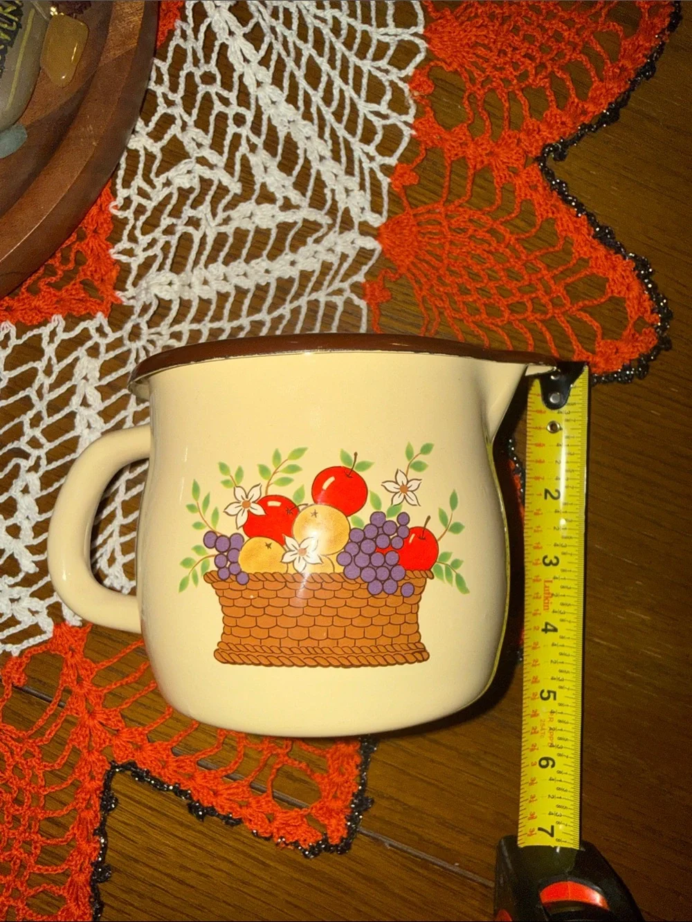 Vintage 1986 FTDA Fruit Basket Pitcher Cream Enamelware Country Kitchen